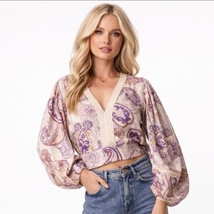 Band of the Free Mirabelle Paisley Boho Crop Top XS NWT Lace Balloon Sleeve